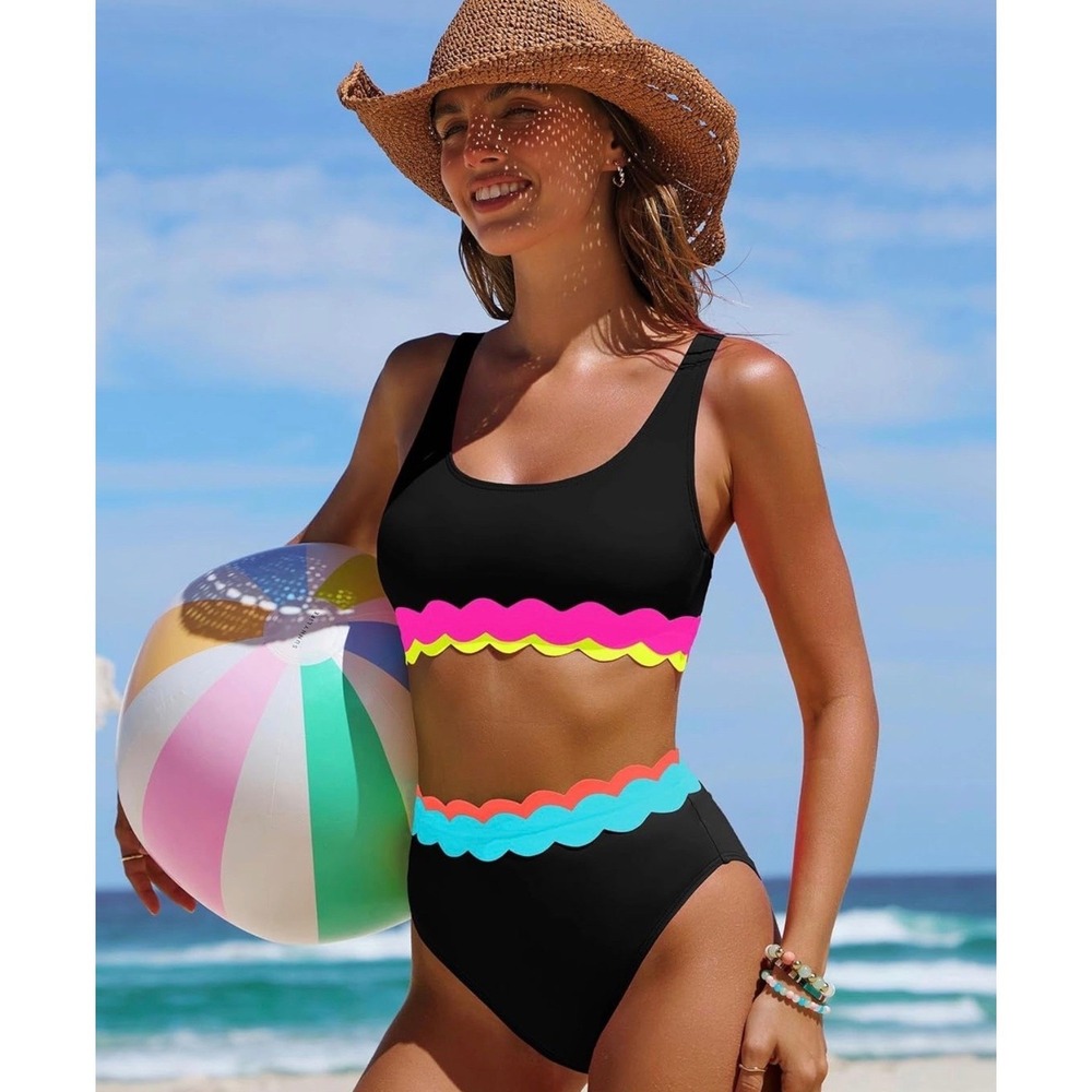 NWT Popvil Neon Scalloped Bikini Set High Waist Sporty Black Small - Picture 3 of 7
